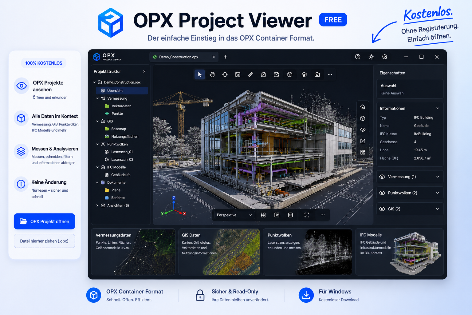 OPX Project Viewer concept mockup showing survey data, GIS layers, point clouds and IFC models